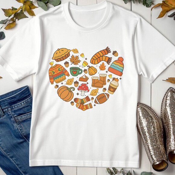 Cozy Season Sweater Weather Graphic Tee Fall Autumn Collage Pumpkin T-Shirt - Picture 2 of 4